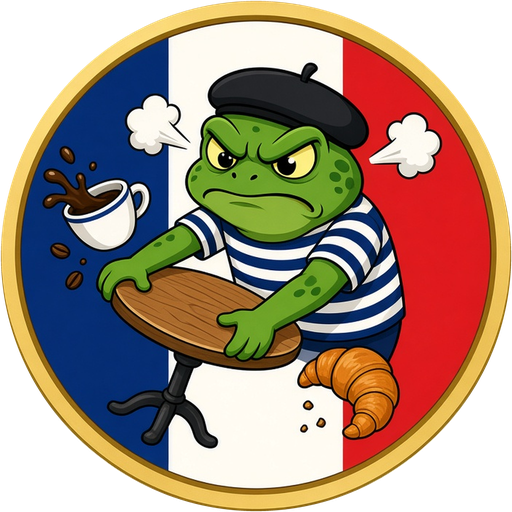 Le Crashout logo: a frog in a beret flipping a café table
